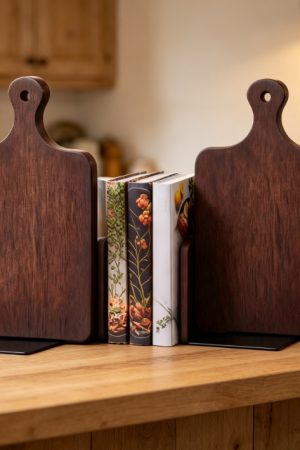 Cutting Board-Style Wooden Bookends – Dual-Use for Kitchen Recipes & Office – 1 Pair